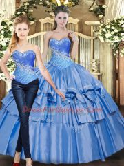 Baby Blue Ball Gowns Beading and Ruffled Layers 15th Birthday Dress Lace Up Tulle Sleeveless Floor Length