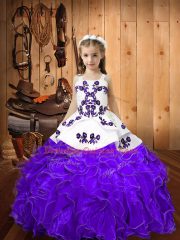 Eggplant Purple Ball Gowns Embroidery and Ruffles Pageant Gowns For Girls Lace Up Organza Sleeveless Floor Length