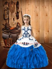 Most Popular Organza Straps Sleeveless Lace Up Embroidery and Ruffles Little Girls Pageant Dress in Blue