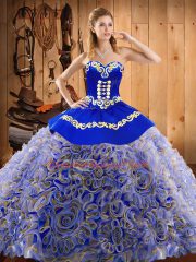 Beautiful Multi-color Ball Gowns Sweetheart Sleeveless Satin and Fabric With Rolling Flowers With Train Sweep Train Lace Up Embroidery Quinceanera Gown