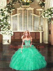 Excellent Turquoise Tulle Lace Up Sweetheart Sleeveless Floor Length Quinceanera Dress Beading and Ruffles