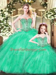 Excellent Turquoise Tulle Lace Up Sweetheart Sleeveless Floor Length Quinceanera Dress Beading and Ruffles