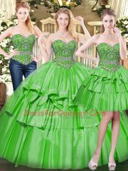 High End Floor Length Lace Up Vestidos de Quinceanera Green for Military Ball and Sweet 16 and Quinceanera with Beading and Ruffled Layers