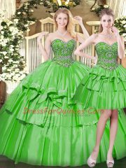 High End Floor Length Lace Up Vestidos de Quinceanera Green for Military Ball and Sweet 16 and Quinceanera with Beading and Ruffled Layers