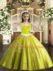Sleeveless Tulle Floor Length Lace Up Little Girl Pageant Gowns in Yellow Green with Appliques