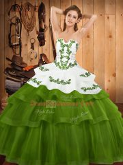 Elegant Lace Up Sweet 16 Dress Olive Green for Military Ball and Sweet 16 and Quinceanera with Embroidery and Ruffled Layers Sweep Train