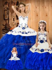 Blue And White Satin and Organza Lace Up Vestidos de Quinceanera Sleeveless Floor Length Embroidery and Ruffles