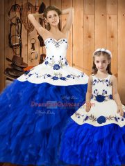 Blue And White Satin and Organza Lace Up Vestidos de Quinceanera Sleeveless Floor Length Embroidery and Ruffles