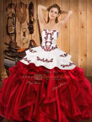 Wine Red Lace Up Strapless Embroidery and Ruffles Sweet 16 Dress Satin and Organza Sleeveless