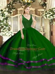 Cheap Sleeveless Floor Length Beading and Lace and Ruffled Layers Backless 15 Quinceanera Dress with Dark Green