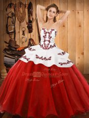Attractive Red Strapless Neckline Embroidery Sweet 16 Dresses Sleeveless Lace Up