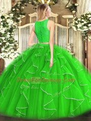 Suitable Fuchsia Sleeveless Lace and Ruffles Floor Length Quinceanera Gowns