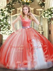 Watermelon Red Organza Zipper 15 Quinceanera Dress Sleeveless Floor Length Ruffles