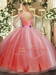 Watermelon Red Organza Zipper 15 Quinceanera Dress Sleeveless Floor Length Ruffles