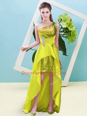 Elastic Woven Satin and Sequined Sleeveless High Low Evening Dress and Beading and Sequins