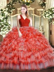 Organza V-neck Sleeveless Zipper Ruffled Layers Quinceanera Gowns in Coral Red
