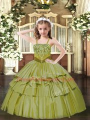 Olive Green Sleeveless Organza Lace Up Child Pageant Dress for Party and Quinceanera
