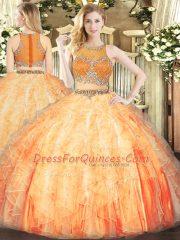 Fancy Orange Red Organza Zipper Sweet 16 Quinceanera Dress Sleeveless Floor Length Beading and Ruffles