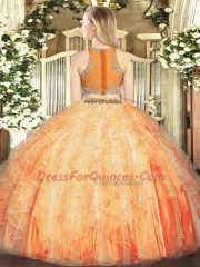 Fancy Orange Red Organza Zipper Sweet 16 Quinceanera Dress Sleeveless Floor Length Beading and Ruffles