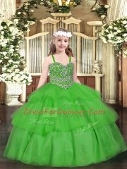 Green Organza Lace Up Kids Formal Wear Sleeveless Floor Length Beading and Ruffled Layers