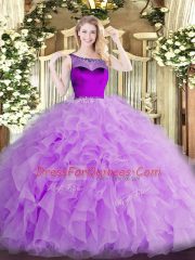 Smart Lavender Sleeveless Floor Length Beading and Ruffles and Hand Made Flower Zipper Quinceanera Gown