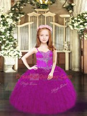 High End Floor Length Ball Gowns Sleeveless Fuchsia Girls Pageant Dresses Lace Up