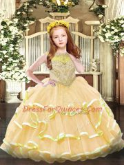 Custom Design Scoop Sleeveless Organza Little Girls Pageant Dress Beading and Ruffled Layers Zipper