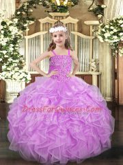 Best Floor Length Lace Up Girls Pageant Dresses Lilac for Party and Quinceanera with Beading and Ruffles