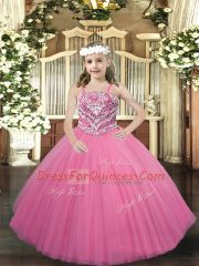 Rose Pink Sleeveless Tulle Lace Up Pageant Gowns for Party and Quinceanera