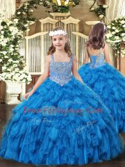 Floor Length Baby Blue Kids Formal Wear Straps Sleeveless Lace Up