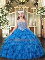 Floor Length Baby Blue Kids Formal Wear Straps Sleeveless Lace Up