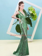 Sleeveless Sequined Floor Length Zipper Evening Dress in Green with Sequins