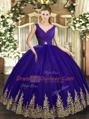 Tulle V-neck Sleeveless Backless Beading and Appliques Sweet 16 Dresses in Purple