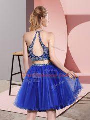 Royal Blue Sleeveless Tulle Backless Quinceanera Dama Dress for Prom and Party and Wedding Party