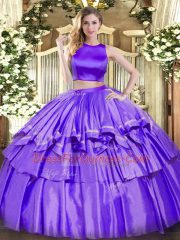 Purple Criss Cross High-neck Ruffled Layers Ball Gown Prom Dress Tulle Sleeveless