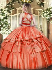Purple Criss Cross High-neck Ruffled Layers Ball Gown Prom Dress Tulle Sleeveless