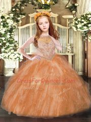 Cute Rust Red Zipper Scoop Beading and Ruffles Pageant Gowns Tulle Sleeveless