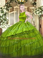 Admirable Sleeveless Floor Length Embroidery and Ruffled Layers Lace Up Quinceanera Dress with Olive Green