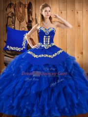 Extravagant Blue Ball Gowns Embroidery and Ruffles 15th Birthday Dress Lace Up Satin and Organza Sleeveless Floor Length