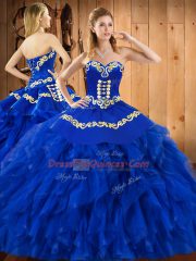 Extravagant Blue Ball Gowns Embroidery and Ruffles 15th Birthday Dress Lace Up Satin and Organza Sleeveless Floor Length