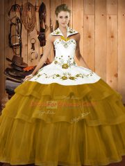 Satin and Organza Halter Top Sleeveless Brush Train Lace Up Embroidery and Ruffled Layers Ball Gown Prom Dress in Brown
