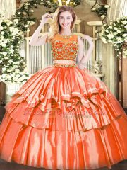 Trendy Orange Red Two Pieces Tulle Scoop Sleeveless Beading and Ruffled Layers Floor Length Zipper 15 Quinceanera Dress