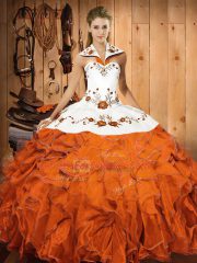 Flirting Orange Red Satin and Organza Lace Up Halter Top Sleeveless Floor Length Ball Gown Prom Dress Embroidery and Ruffles