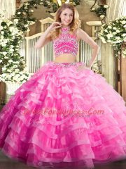 Rose Pink Backless High-neck Beading and Ruffled Layers Vestidos de Quinceanera Tulle Sleeveless