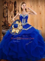 Blue Sleeveless Embroidery and Ruffles Floor Length Ball Gown Prom Dress