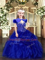 Fashion Royal Blue Lace Up Pageant Gowns For Girls Beading and Ruffles Sleeveless Floor Length