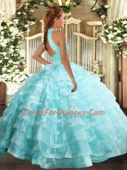 Modern Baby Blue Organza Backless Quinceanera Gowns Sleeveless Floor Length Beading and Ruffled Layers