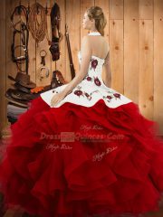Lovely Sleeveless Tulle Floor Length Lace Up Quince Ball Gowns in with Embroidery and Ruffles