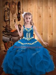 Affordable Blue Little Girls Pageant Dress Wholesale Party and Sweet 16 and Quinceanera and Wedding Party with Embroidery and Ruffles Straps Sleeveless Lace Up
