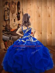 Affordable Blue Little Girls Pageant Dress Wholesale Party and Sweet 16 and Quinceanera and Wedding Party with Embroidery and Ruffles Straps Sleeveless Lace Up